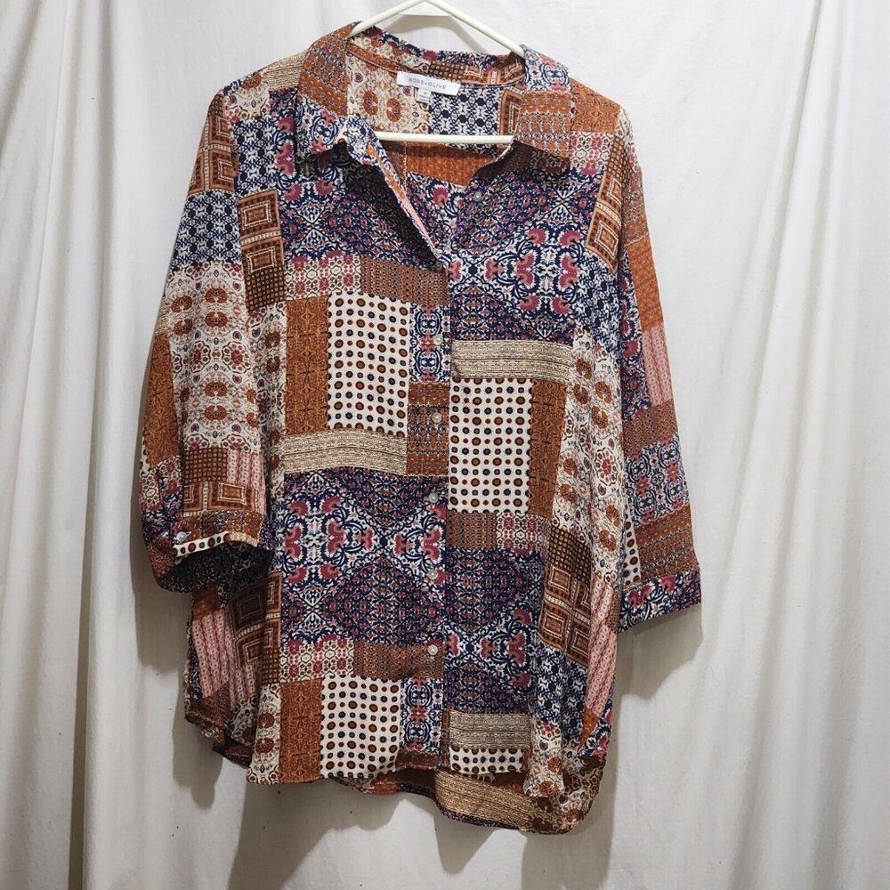 Rose‎ + Olive Button Front Multicolor Patchwork Floral Striped Circle Top 1X